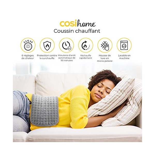 Cosi Home Coussin Chauffant Électrique Grande Taille 60 x 30cm, 6 Réglages de Chaleur, Lavable en Machine Avec Housse en Micr