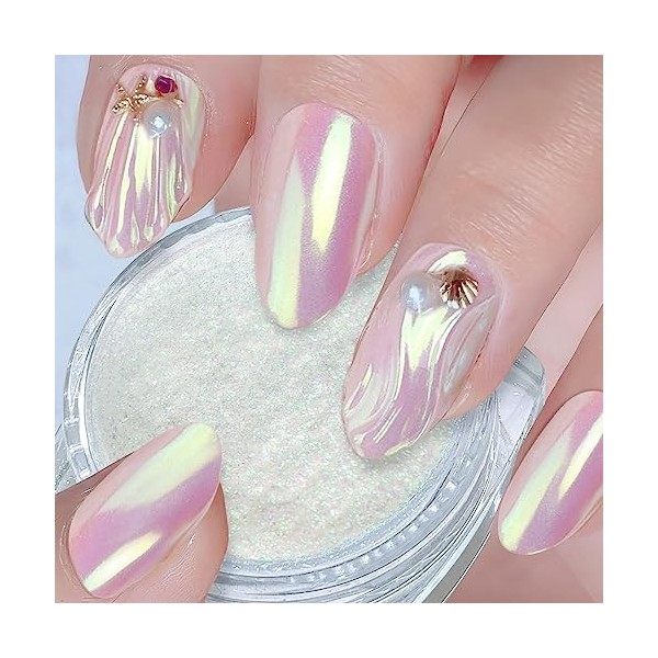 Perle Blanche Poudre pour Ongles Chromée - Cadeau Saint Valentin Femme Aurora Sirène Licorne Poudre Pigmentée Chrome pour Ong