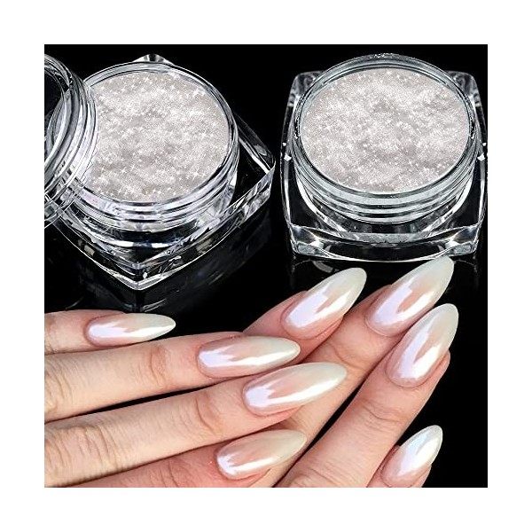 2 Boîtes Blanc Perle - Aurora Ice Chrome Pigment poudre Transparente pour les ongles, Vernis Donut Paillettes Poudre Effet Mi