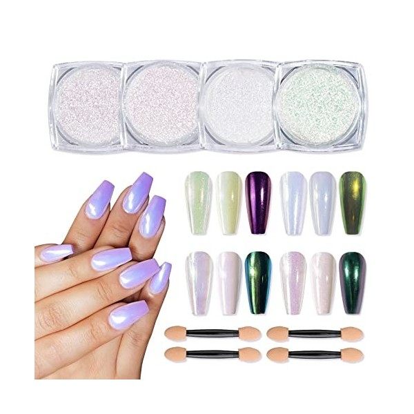 2 Pcs Poudre Chrome Ongle Blanc, Perle Blanche Poudre pour Ongles Chromée, Poudre de Paillettes Aurora Transparente, pour Gla