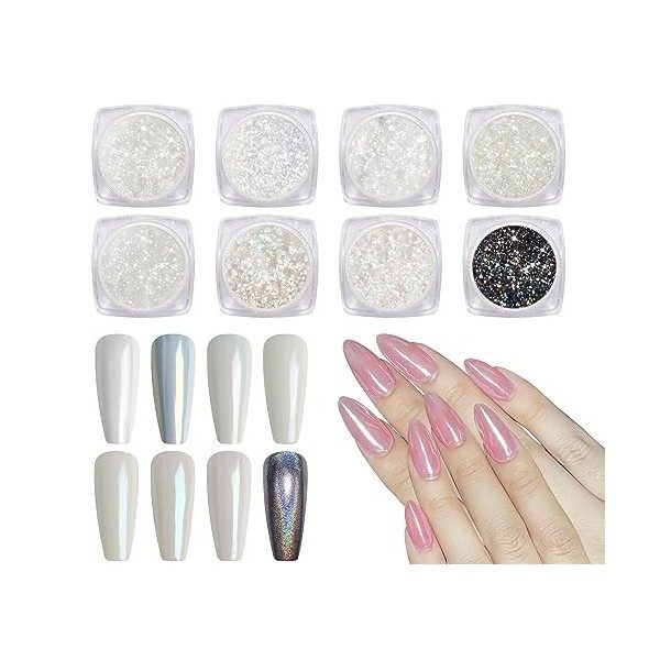 2 Pcs Poudre Chrome Ongle Blanc, Perle Blanche Poudre pour Ongles Chromée, Poudre de Paillettes Aurora Transparente, pour Gla