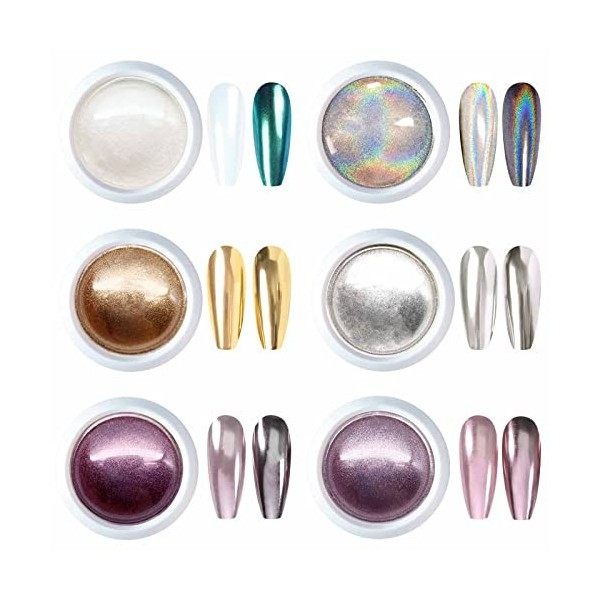 GZMAYUEN Poudre Chrome Ongle Nail Art 6Pcs Poudre Miroir Ongle Poudre Blanc Perle Ongle Poudre Holo Effet Perle Chrom Poudre 