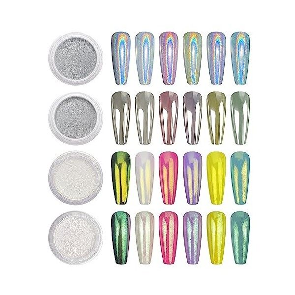 BISHNGYF【Upgrade】Poudre Chrome Ongle Blanc - Aurora Schimmer Poudre Ongle Effet Perle Glitzerpuder, Chrome Pigment Poudre, Pi