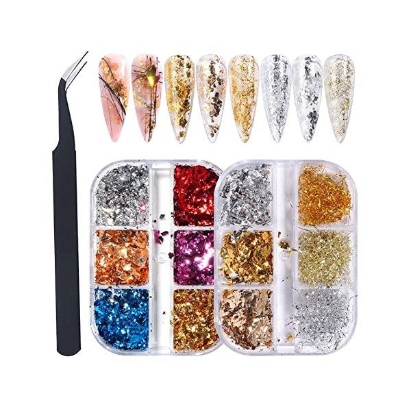 GZMAYUEN Paillettes Flocons de Feuille dor Nail Art Holographique 2Pcs Gold Leaf Gold Foil Paper Metallic Foil Flakes Mix Fe