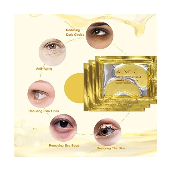 Lot de 16 paires de masques de traitement sous les yeux en or 24 carats,poudre dor cristal et gel collagène pour les rides s