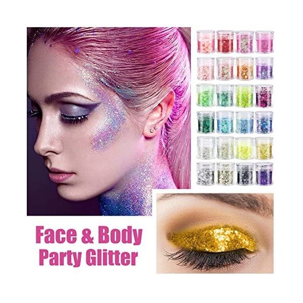 Lumineuse Paillettes 24 Couleurs, Fluorescent Paillette pour Visage, Qualité Cosmétique Paillette pour Corps, Cheveux, DIY Ré