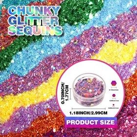 Lot de 24 Colorées Poudres de Paillettes pour Ongles, FANDAMEI Chunky Glitter Paillettes En poudre, Pour La Décoration De Fes