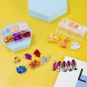 3 Boîtes Paillettes Feuille Ongles Nail Art, Holographique Flocons Feuille Colorés Paillette à Ongles Feuille Mixte Or Argent