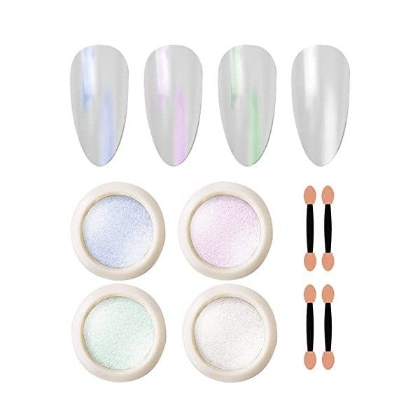 4 couleurs Chrome Nail Powder, Poudre ongle Effet Perle Chrome Nail, Poudre Miroir MéTallique Brillant Holographic Nail Powde