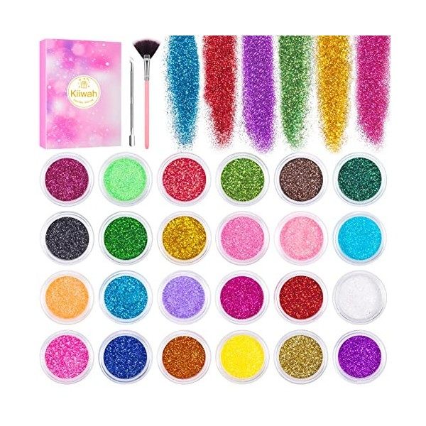 24 Pièces Paillette Ongles Nail Art, Poudre Ongles Nail Art Paillettes pour Visage Corps Ongles avec Pinceaux et Pousse Cutic