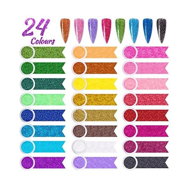 24 Pièces Paillette Ongles Nail Art, Poudre Ongles Nail Art Paillettes pour Visage Corps Ongles avec Pinceaux et Pousse Cutic