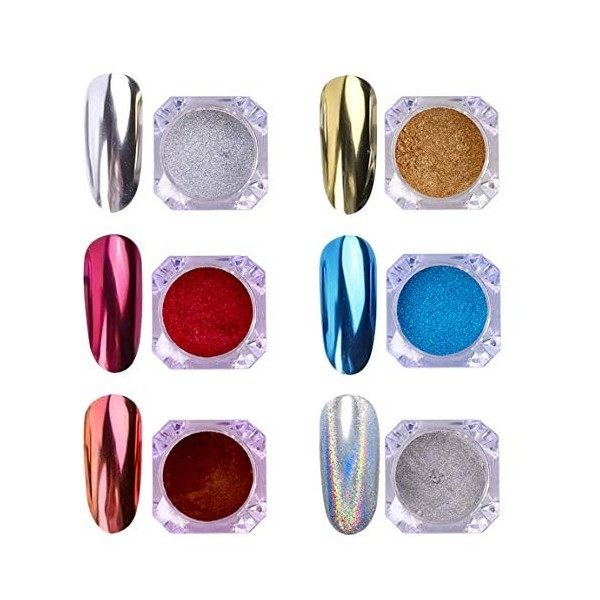 AIMEILI 6 Boîtes Kit Poudre de Miroir Chrome Effect Poussière de Paillettes Laser Poudre Caméléon Holographic Nail Powders Na