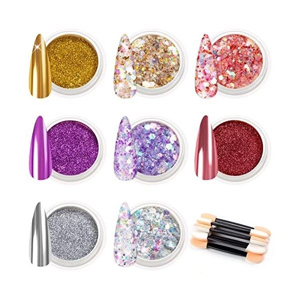 MELLIEX 8 Pièces Paillettes Ongles Effet Miroir Poudre Chrome dOngle Accessoires avec Des Bâtons de Fard à Paupières pour Na