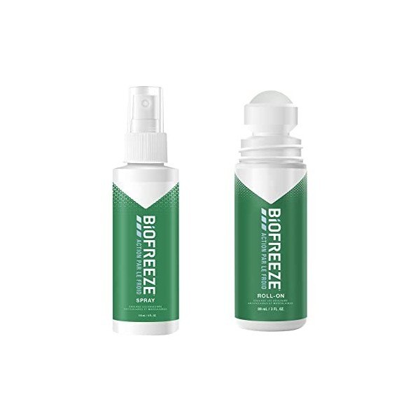 Biofreeze Lot de 1 Roll-On 89ml & de 1 Spray 118ml Action par le Froid - Soulage les douleurs musculaires et articulaires