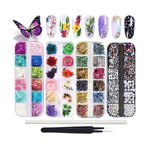 Kalolary ongles fleurs séchées, paillettes de paillettes dongle papillon, Paillettes à ongles en aluminium, Ensemble de déco