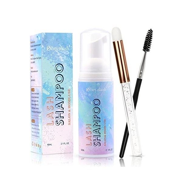 Shampoing Cils Extension Nettoyant Dextension de Cils Mousse Nettoyante Pour Cils - 60 ml - Avec Brosse de Nettoyage Pour la