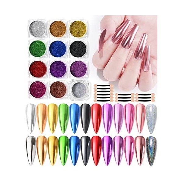 12 pots de poudre de perle, ongles Chrome rose or, hologramme violet, poudre darc - en - ciel, effet miroir, poudre laser fl