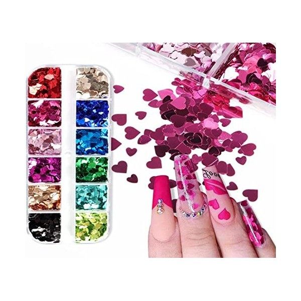 Coeur Nail Art Paillettes,forme de coeur Nail Sequins Glitter，Paillettes Holographiques Colorées 3D Ongles Paillettes Nail Ar