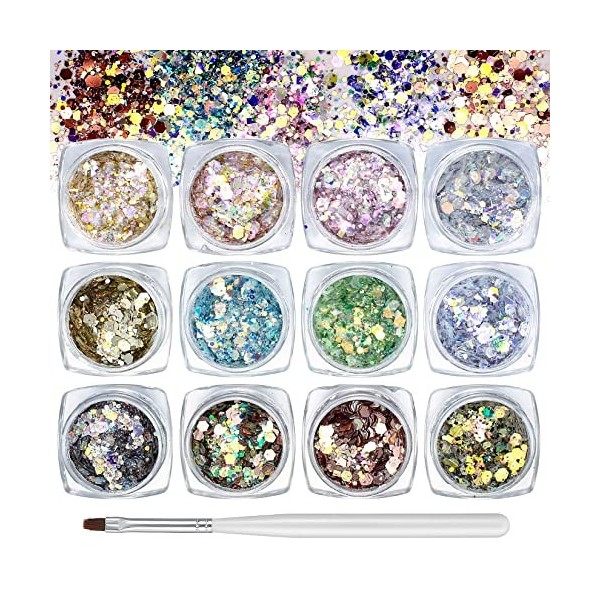 12 Pièces Paillettes Ongles Nail Art Set, Paillettes de Corps Maquillage, Pailletée Holographiques Flocons de Ongles pour Fes