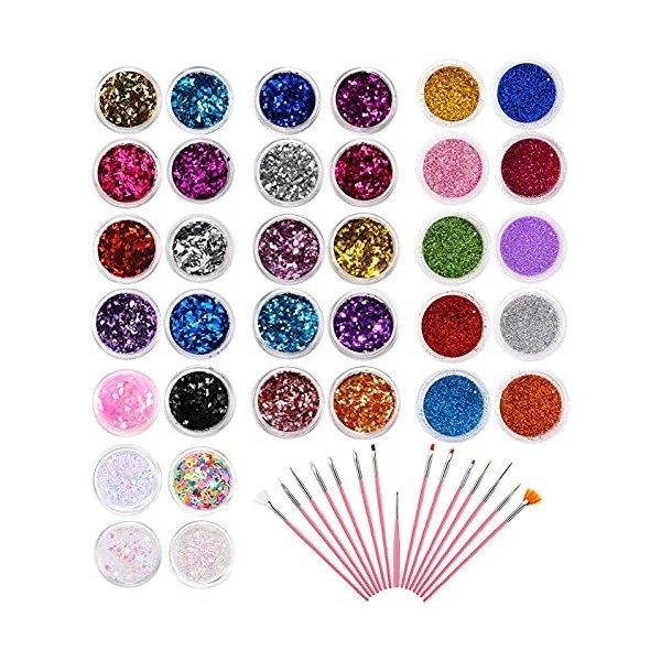 Phogary 34 Ensemble de boîtes à paillettes avec 15 PCS Pinceaux Nail Art, Multicolore Paillettes de Puissance Flocons Irisés 