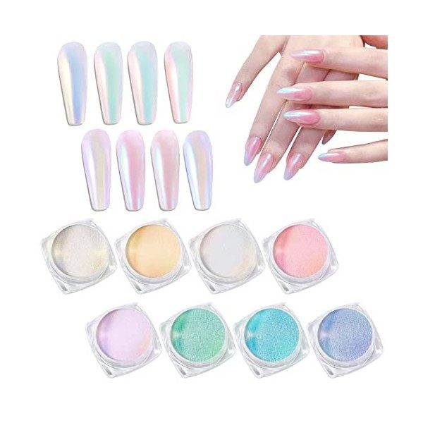 Laza Mermaid Pearl Chrome Nail Powder, 8 Colors Metallic Mirror Effect Pigment, Iridescent Aurora Dust Kit for Gel Nail Art D