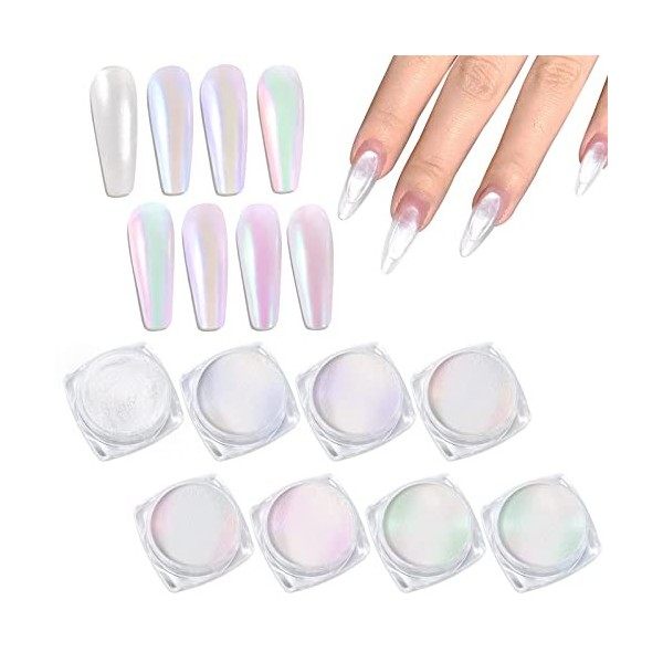 Laza Mermaid Pearl Chrome Nail Powder, 8 Colors Metallic Mirror Effect Pigment, Iridescent Aurora Dust Kit for Gel Nail Art D