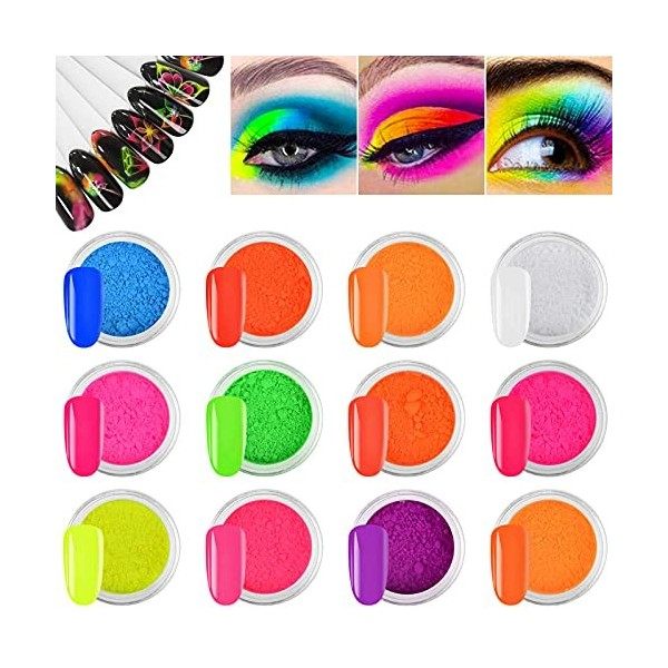 EBANKU 12 Boîtes Poudre à Ongles Pigment en Poudre, Néon Phosphore Nail Art Pigment Poudre Fluorescent Dégradé Irisé Glitter 