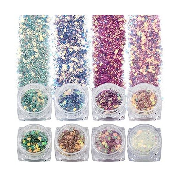 SAVITA 8 Couleurs Flocons de Paillettes Irisées, Paillettes Dongle de Sirène Holographique 3D pour la Décoration du Corps Co