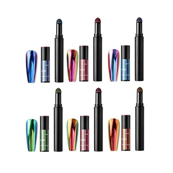 Stylo Applicateur à Poudre, Lot de 6 stylos à poudre chromés métallisés à coussin dair - Holographique en Poudre pour Ongles