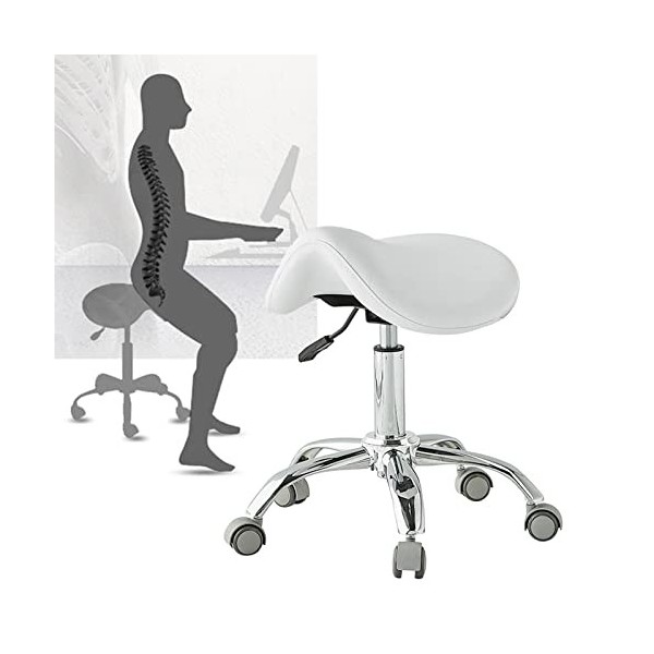 Tabouret Selle de Cheval Chaise Roulante Tabouret Selle avec Roue, Chaise de Selle de Dentiste de Clinique de Massage Blanc N