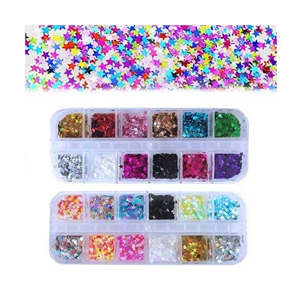 24 boîtes Star Paillettes Maquillage Glitter, Kalolary 3D flocons holographiques paillettes pour Visage, Corps, Ongles, Cheve