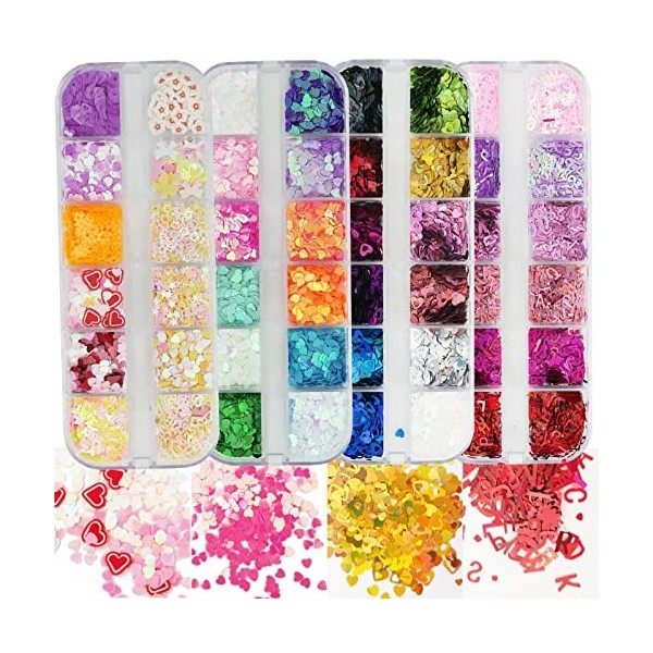 AddFavor Lot de 4 boîtes de paillettes holographiques pour ongles - Mélange de paillettes irisées en forme de cœur - Pour man