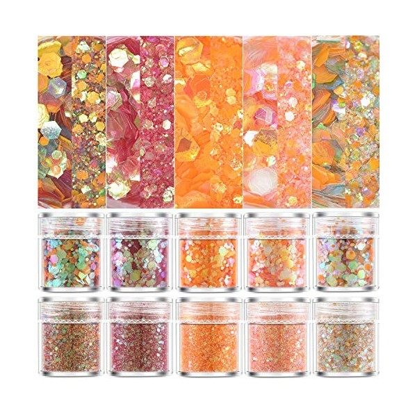 Lot de 10 boîtes de paillettes holographiques pour nail art - Pour le corps, le visage, les cheveux, le nail art - Couleurs m