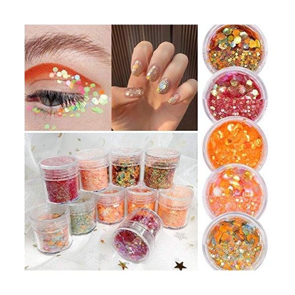 Lot de 10 boîtes de paillettes holographiques pour nail art - Pour le corps, le visage, les cheveux, le nail art - Couleurs m