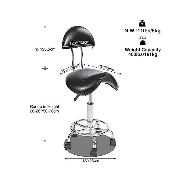 REDCAMP Tabouret roulant avec support dorsal, selle pivotante ergonomique, tabouret hydraulique réglable pour dentiste, spa, 