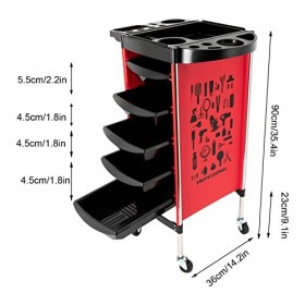 Beauty Salon Chariot à roulettes portable avec compartiment de rangement pour salon de coiffure, 5 tiroirs, rouge
