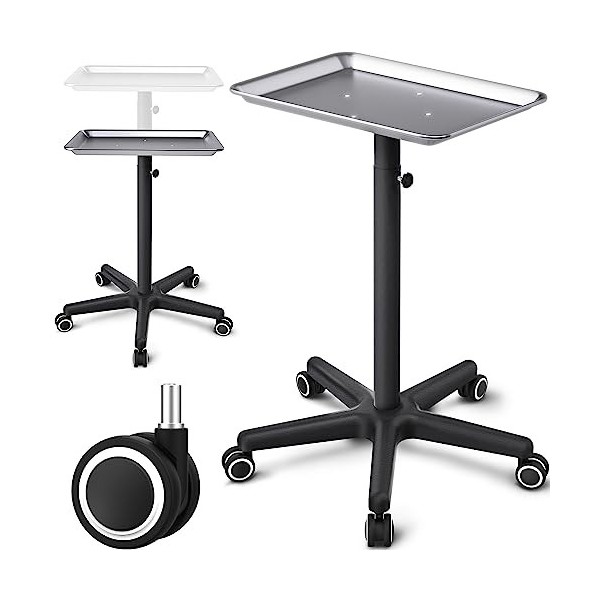 TASALON Plateau de salon sur roues, plateau de tatouage en aluminium de qualité supérieure avec roues, plateau réglable pour 