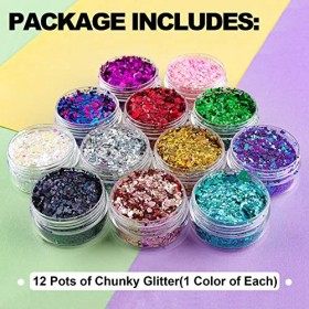 12 couleurs de grosses paillettes holographiques, 12 pots au total 120 g multiformes pour le corps, les cheveux, le visage, l