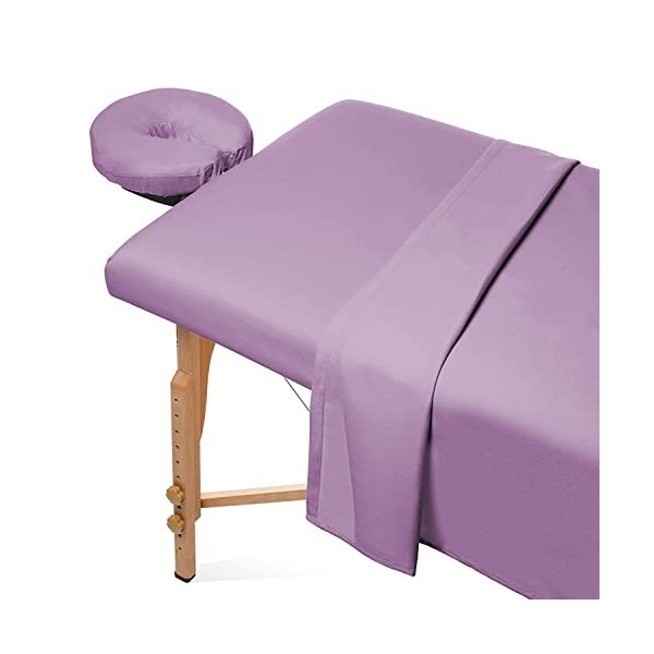 Parure de draps 3 pièces en microfibre pour table de massage - Drap-housse, drap plat et housse pour têtière lavande 