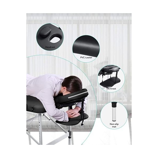 Table de Massage Pliante Aluminium Cosmetique Lit de Massage Portable, Housse de Transport, Noir, Dimensions : 185 x 60 cm MT