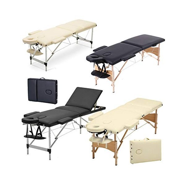 Table de massage mobile 3 zones pliable avec pieds en bois réglables en hauteur Charge max. 230 kg Noir