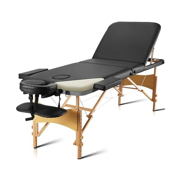 Careboda Table de Massage Professionnelle et Pliable 3 Section Bois Lit de Massage Portable Réglable en Hauteur avec Appui-tê