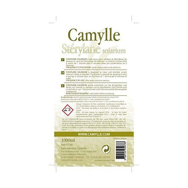 Camylle - Stérylane Solarium - Nettoyant et désinfectant de plaques en acryl et banquettes de solarium - - 1000ml