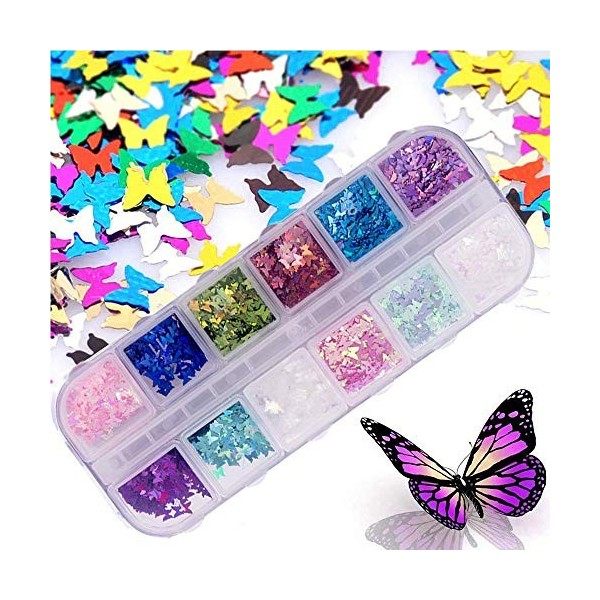 Kalolary Papillon Ongles Paillettes, 3D Laser Nail Art Sequins Mixed Color Glitter pour Festival Fête Visage Corps Cheveux On