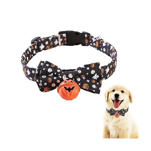 Firulab Collier pour Chien avec Arc,Collier Chien Noeuds Papillon Citrouille - Colliers réglables avec Cloche et Visage Citro