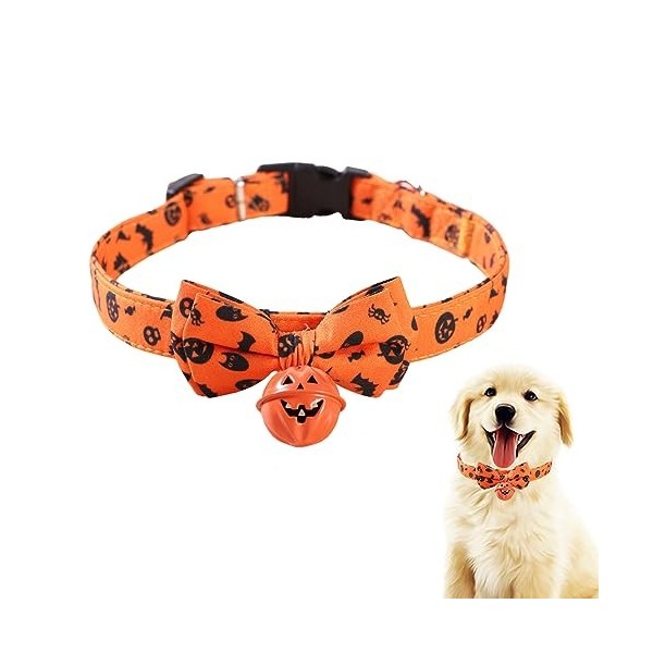 Firulab Collier pour Chien avec Arc,Collier Chien Noeuds Papillon Citrouille - Colliers réglables avec Cloche et Visage Citro