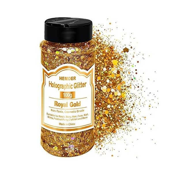 HEMOER Paillettes dopale jaunes, 100 g de paillettes chunky pour résine, visage, ongles, corps, artisanat, festival, fête d