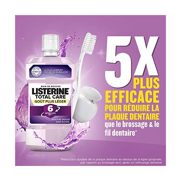 Listerine Bain de Bouche Quotidien Sans Alcool, Total Care Goût Plus Léger, Menthe Douce, pour une Haleine Fraîche, Transpare