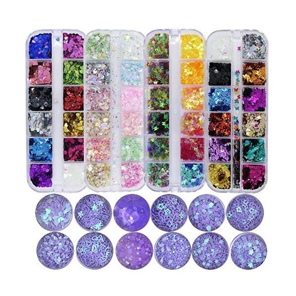 Kit de poudre de paillettes à paillettes 3D - Motif papillon, cœur, hexagone - Paillettes violettes pour nail art, décoration