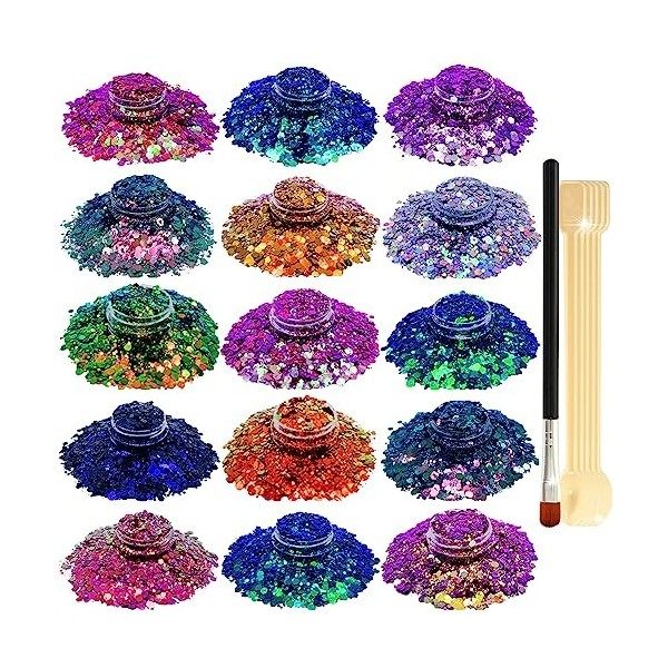 SUPGIFT Lot de 5 cuillères à paillettes holographiques pour maquillage cheveux corps art slime en résine avec pinceau 15 coul